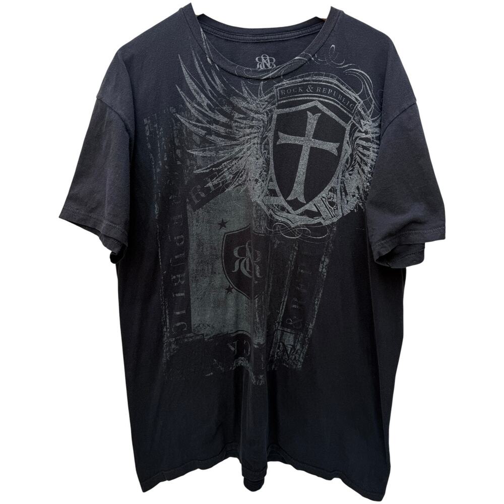 Rock & Republic Graphic T Shirt Mens Large Black Cross Shield Biker Tee